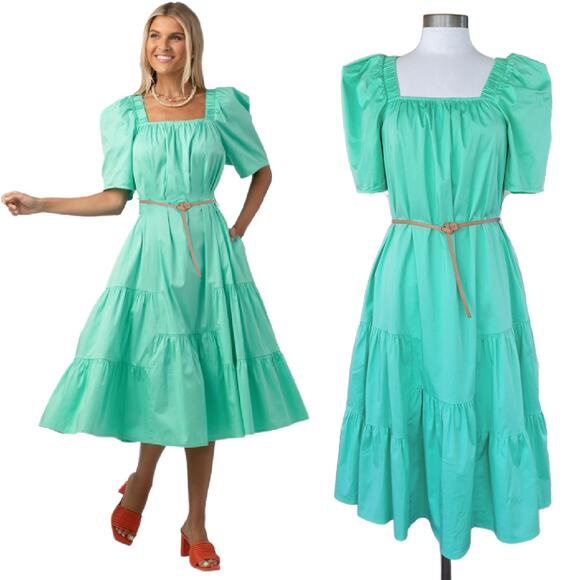CROSBY by Mollie Burch Lena Tiered Midi Dress XS Puff Sleeve Square Neck Blue - Picture 1 of 9